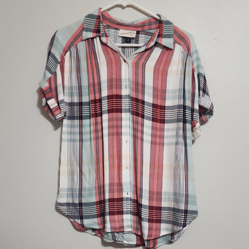 Womens Universal Thread Plaid Button Down Short Shirt Size S